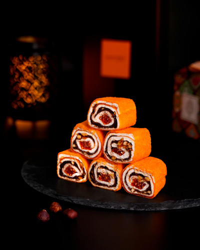Lokum with orange, chocolate and hazelnuts